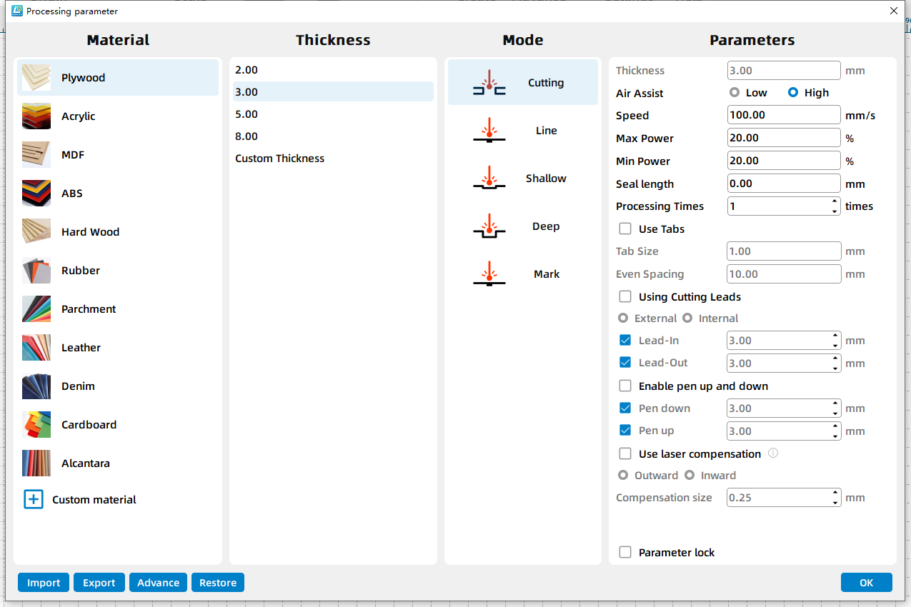 A parameter library in Thunder Lasermaker A parameter library in Thunder Lasermaker