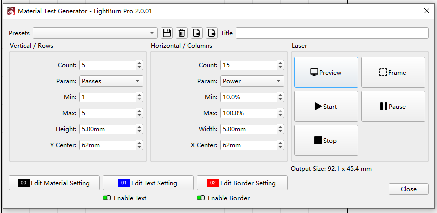 A test grid in LightBurn can help compare different laser pass and power combinations