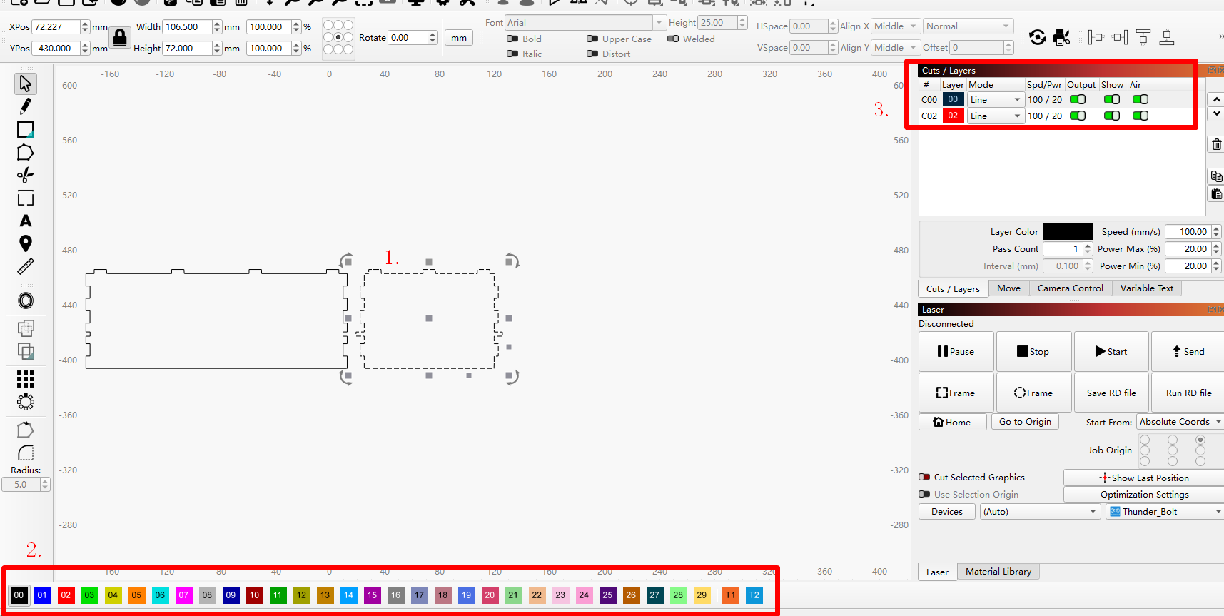 Assign shapes to separate layers in LightBurn before applying kerf offset