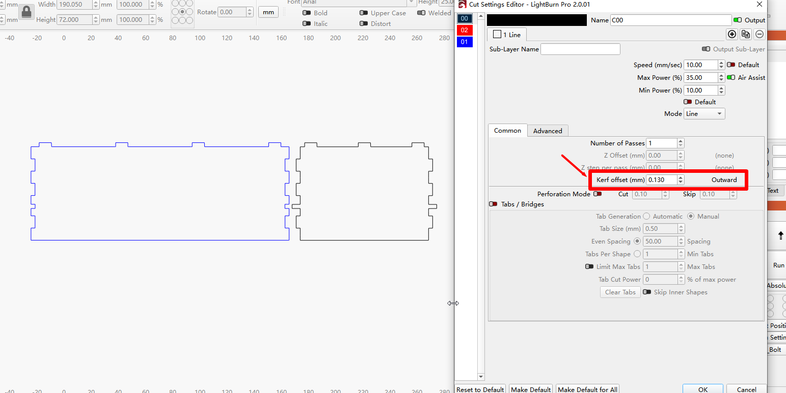 Set the kerf offset value and verify the offset direction with a test cut