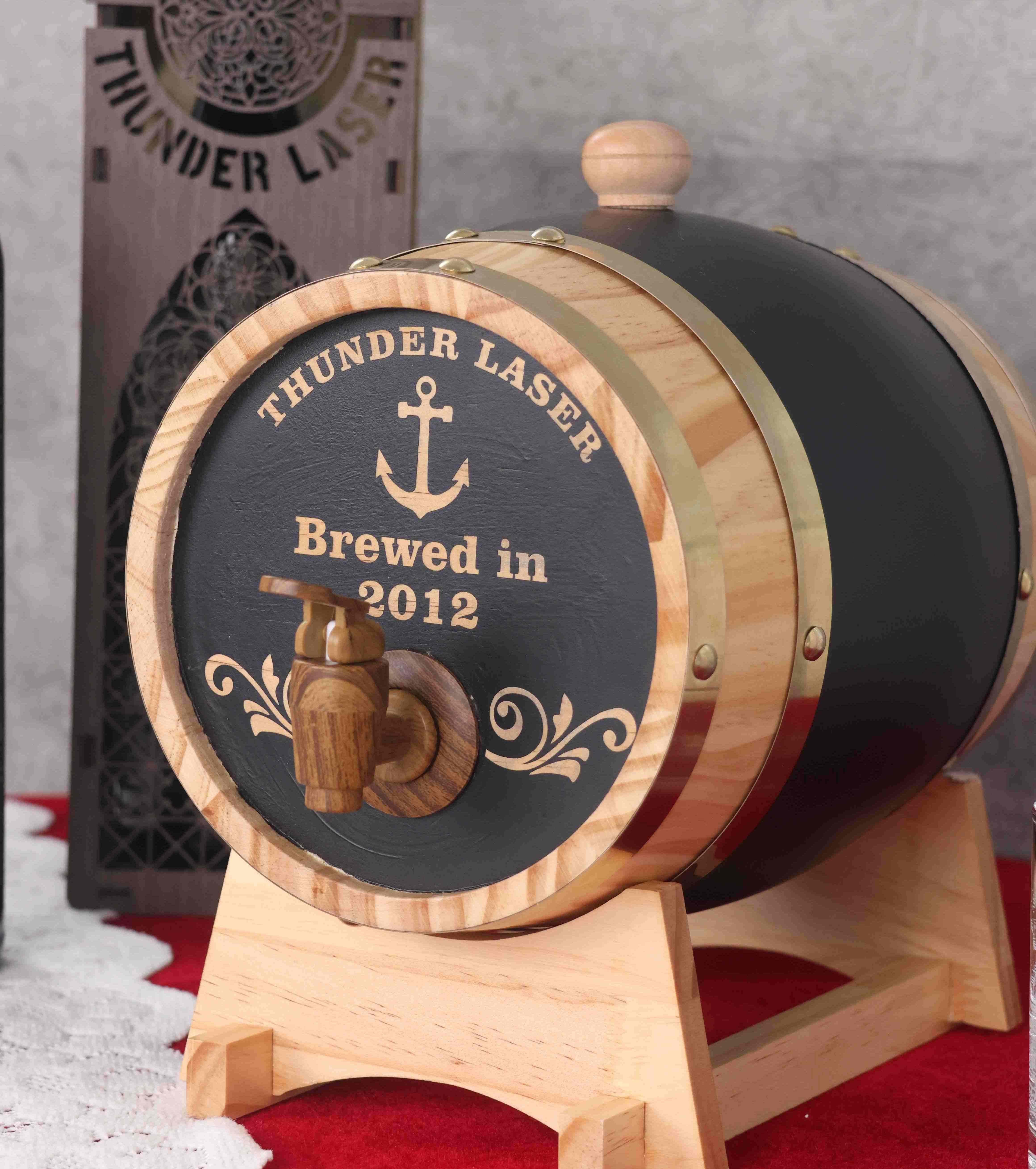 laser engraved wooden beer barrel